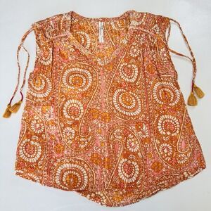 Anthropologie Sleeveless Boho Tassel Tie Top Orange Pink Paisley Print Women XS